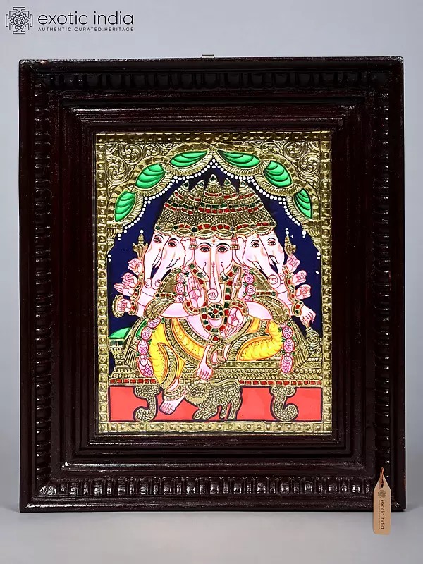 Panchmukhi Lord Ganesha Seated on Throne Tanjore Painting | Traditional Colors with 24 Karat Gold | With Frame