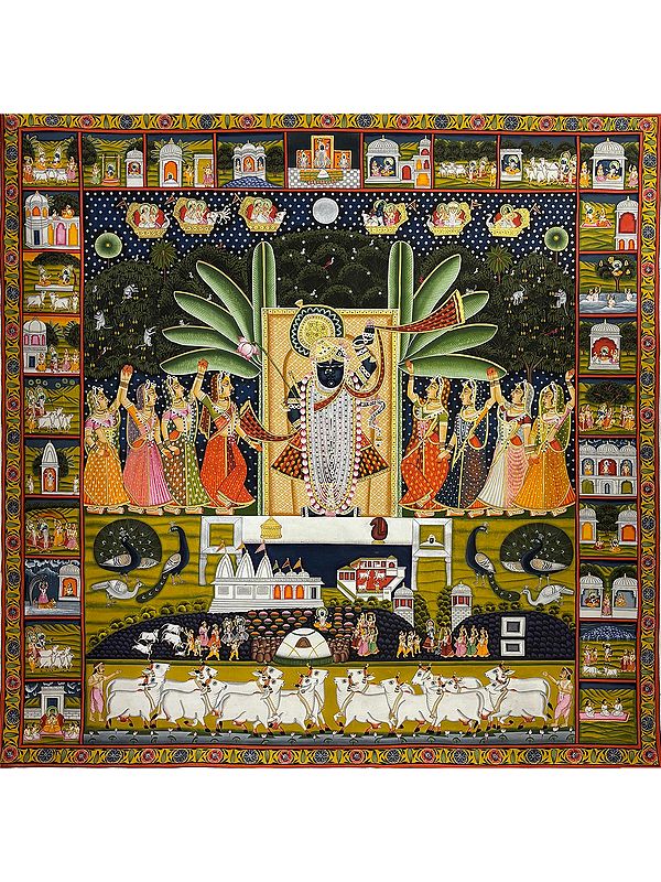 Lord Shrinathji With Gopis Pichwai Painting | Natural Color On Cloth | By Dheeraj Munot