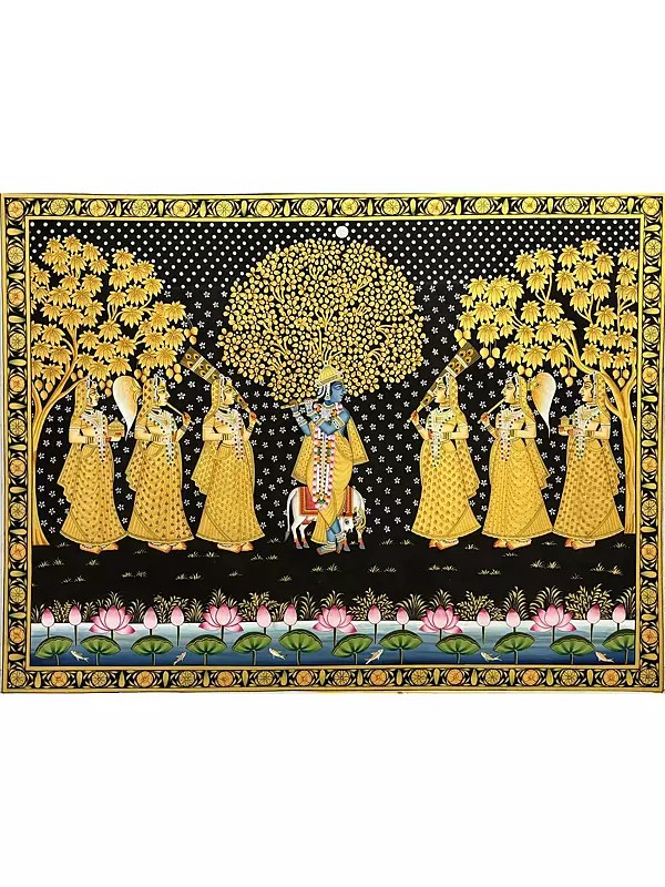 Lord Krishna With Gopis Pichwai Painting | Natural Color On Cloth | By Dheeraj Munot