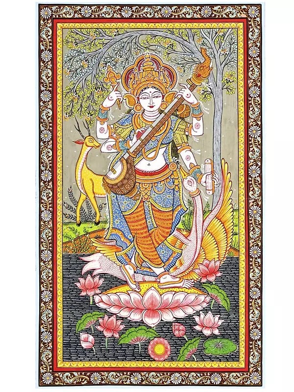 Goddess Saraswati Standing on Lotus and Playing Veena | Pattachitra Painting From Odisha