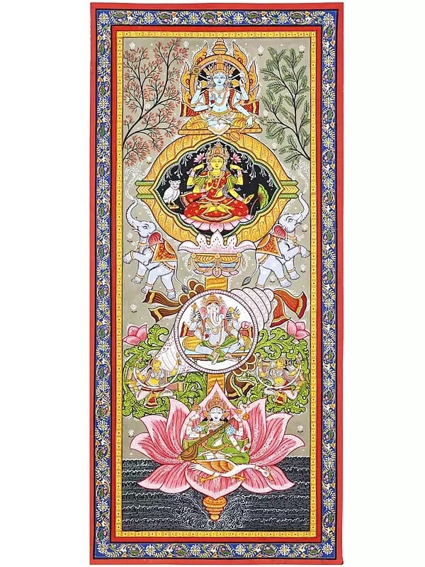 Vishnu, Gajalakshmi, Ganesha and Saraswati | Pattachitra Painting From Odisha