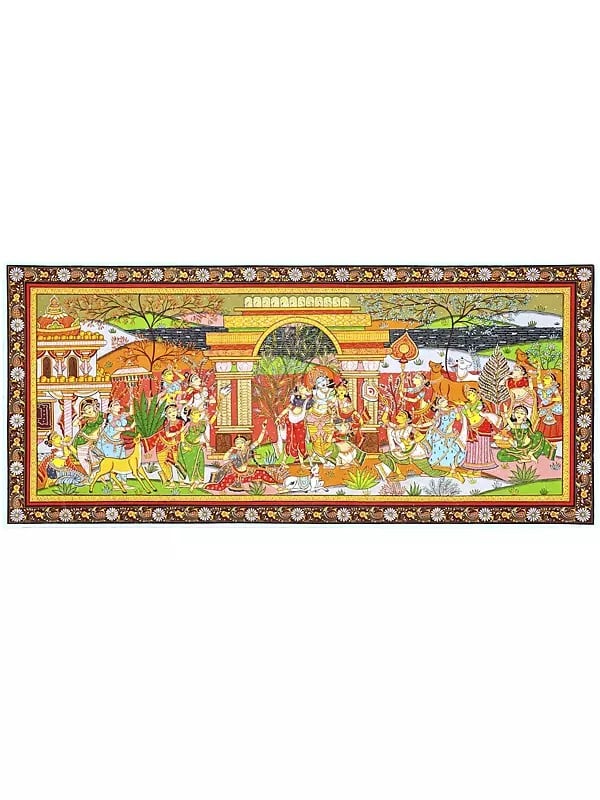 Lord Krishna with Gopikas - Celebration View of Vrindavan | Pattachitra Painting From Odisha