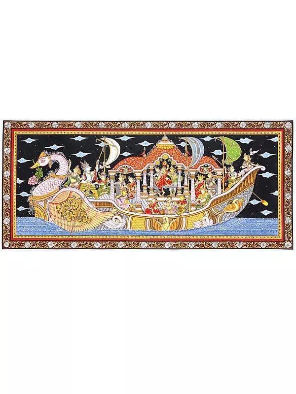 Nauka Vihar - Radha Krishna on Boat with Gopikas | Pattachitra Painting From Odisha