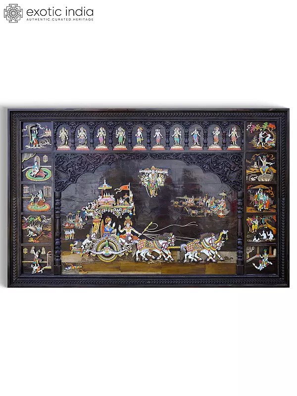 96" Large Geeta Upadesha with Episodes of Shri Krishna Lila and Dashavatara | 3D Wall Panel in Rosewood with Inlay Work