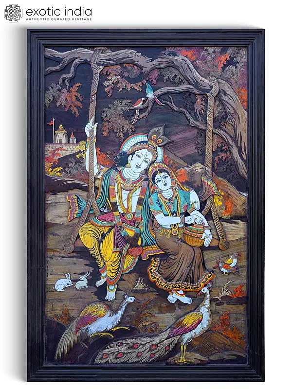 72" Large Radha Krishna on Swing | 3D Wall Panel in Rosewood with Inlay Work