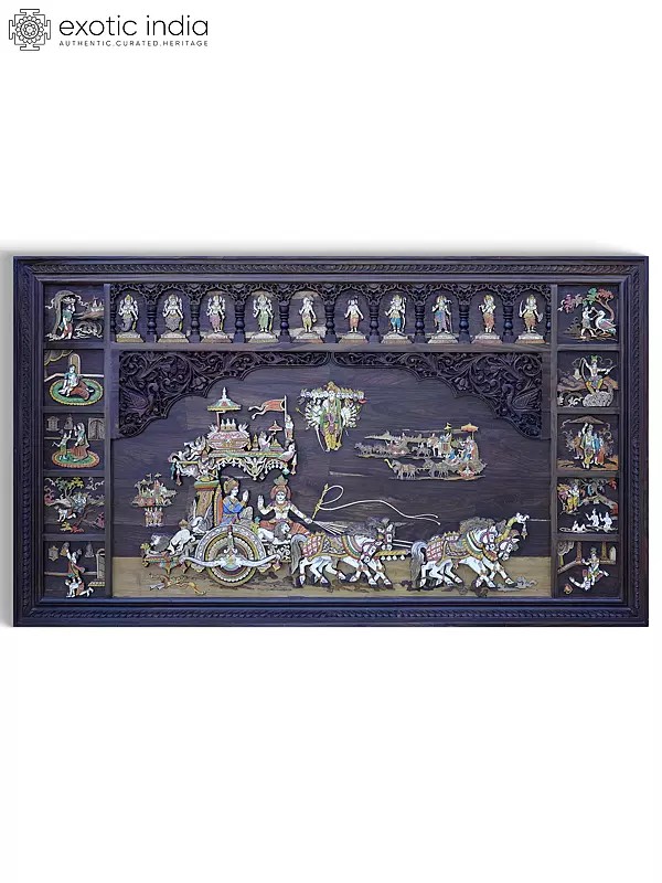 72" Large Geeta Upadesha with Dashavatara of Lord Vishnu and Krishna Lila | 3D Wall Panel in Rosewood with Inlay Work