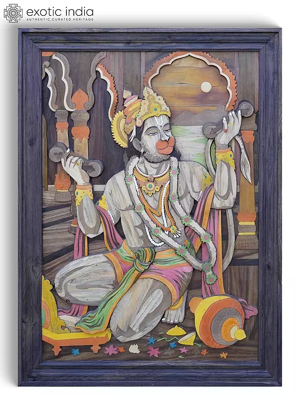 48" Large Shri Ram Bhakta Hanuman | 3D Wall Panel in Rosewood with Inlay Work