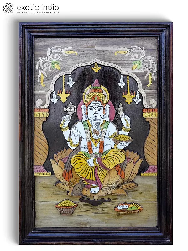 36" Blessing Lord Ganesha | 3D Wall Panel in Rosewood with Inlay Work