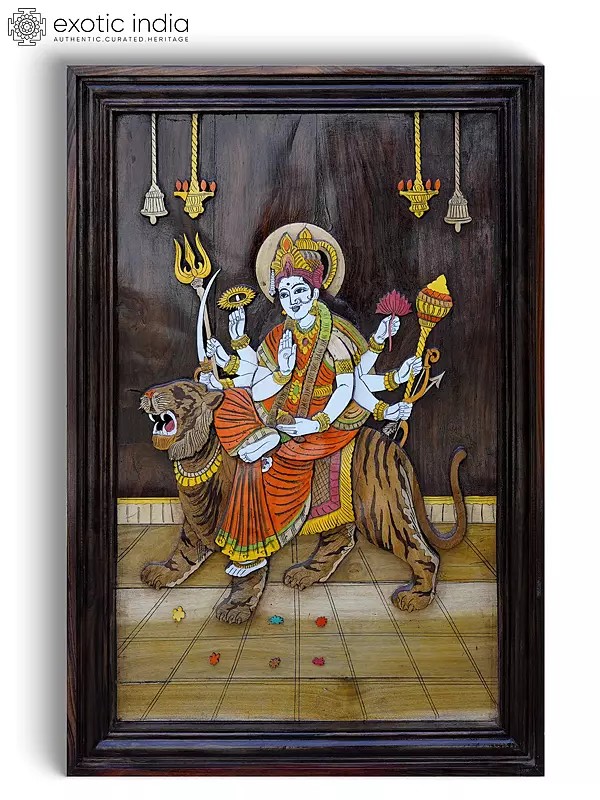 36" Goddess Durga (Sherawali Maa) | 3D Wall Panel in Rosewood with Inlay Work