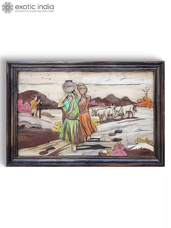 36" Village Women Carrying Water Pot | 3D Wall Panel in Rosewood with Inlay Work
