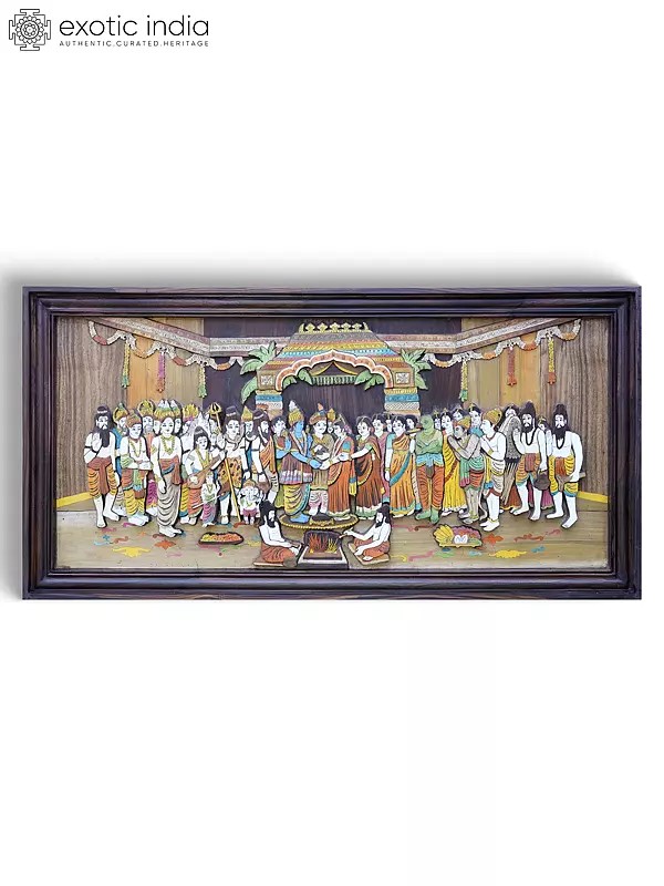 48" Large Srinivasa Kalyanam | Colorful 3D Wall Panel in Rosewood with Inlay Work