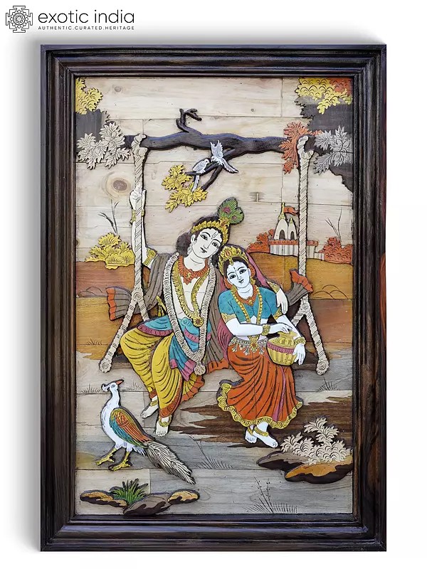 36" Divine Pair of Radha Krishna on Swing | 3D Wall Panel in Rosewood with Inlay Work