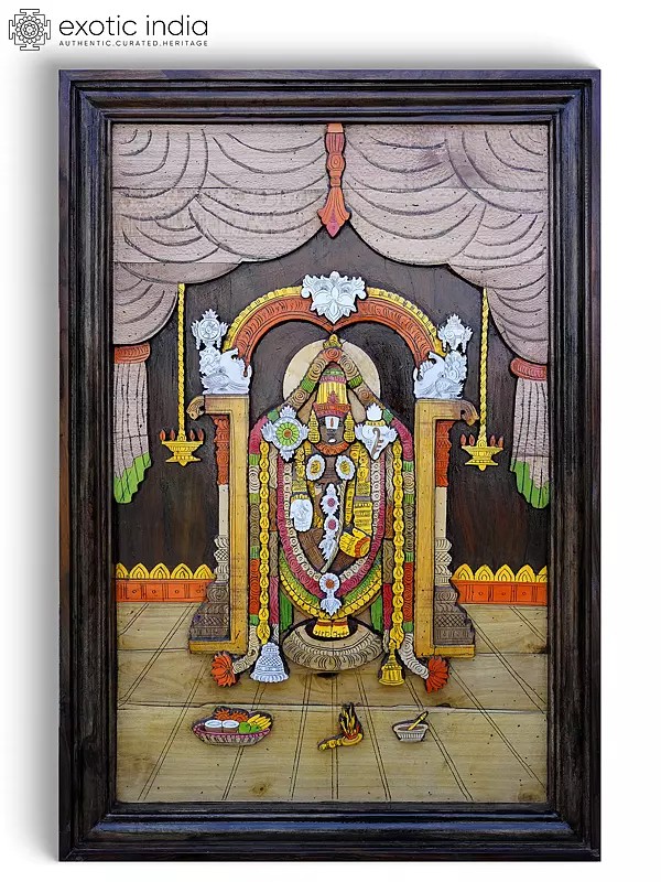 36" Tirupati Balaji (Venkateshvara) with Kirtimukha Prabhavali | 3D Wall Panel in Rosewood with Inlay Work