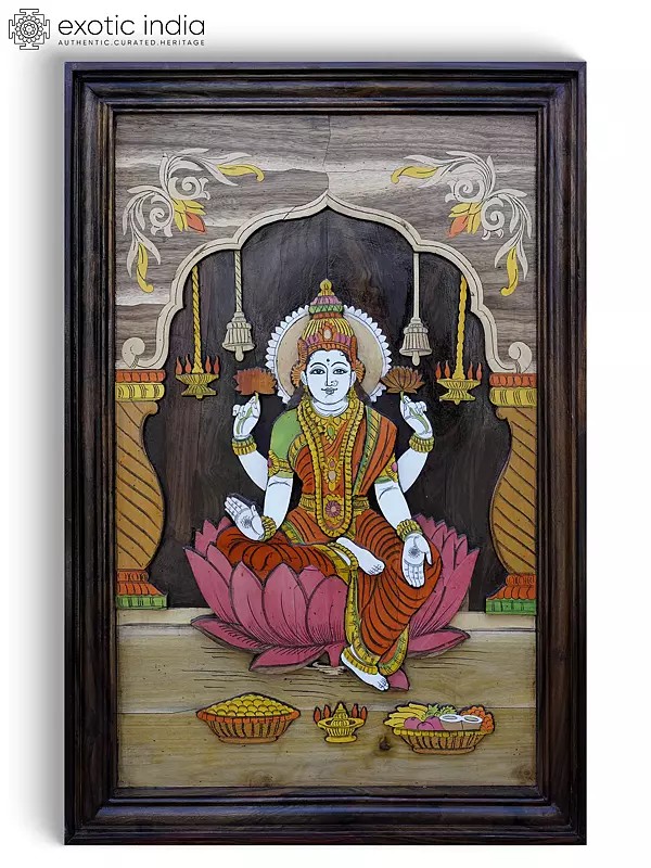 36" Devi Lakshmi Seated on Lotus | 3D Wall Panel in Rosewood with Inlay Work