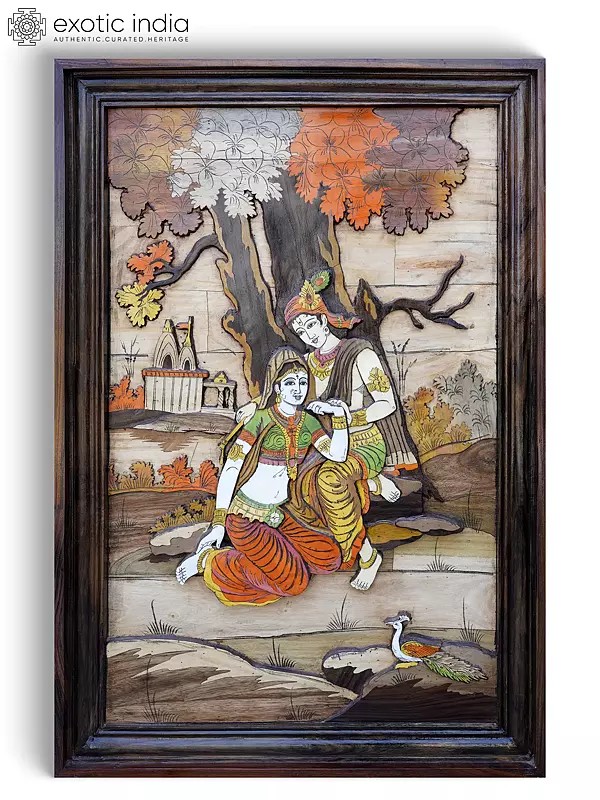 36" Radha Krishna Seated Under The Tree | 3D Wall Panel in Rosewood with Inlay Work