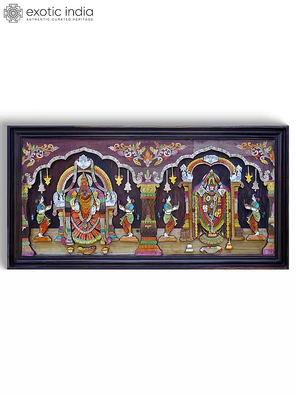 48" Large Tirupati Balaji (Venkateshvara) with Goddess Padmavathi | 3D Wall Panel in Rosewood with Inlay Work