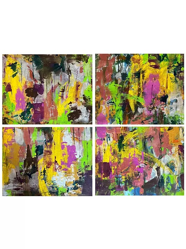 Four Panel Abstract Acrylic Painting: Obsidian Whisper Collection by Avinash Pise