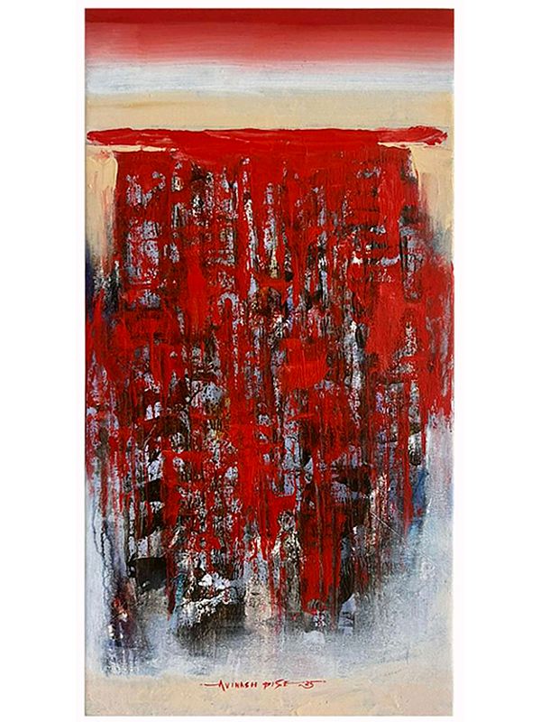 Avinash Pise's Scarlet Abstraction: Mixed Media Canvas Art