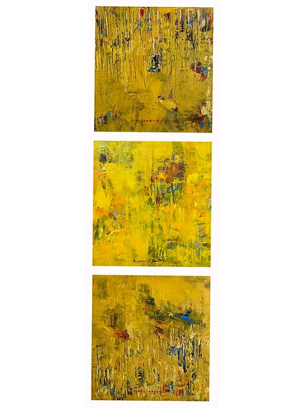 Pairs of Three Textured Acrylic Panels: Radiant Yellow Abstracts by Avinash Pise
