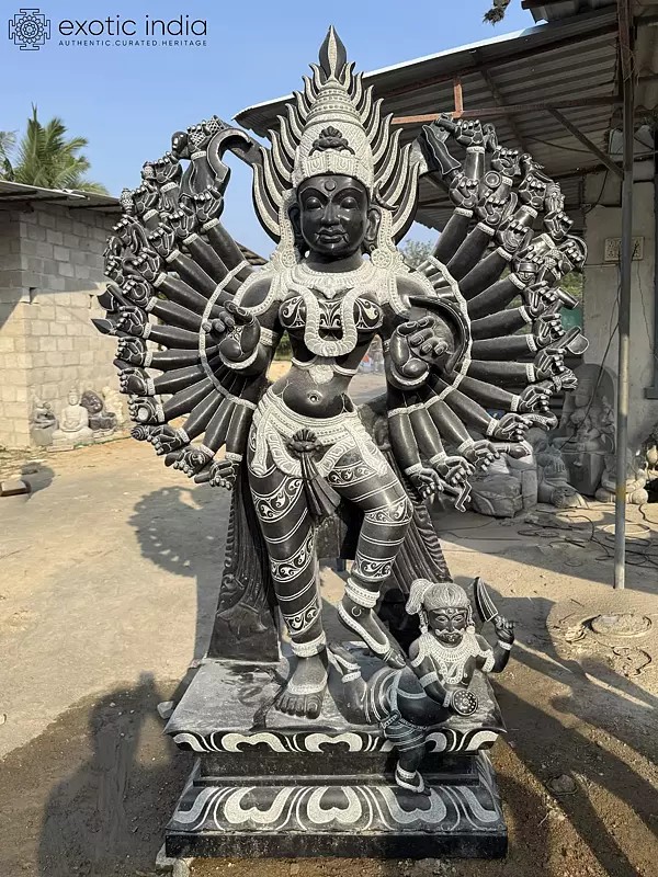 Majestic Granite Sculpture: 90" Goddess Kali with 36 Hands
