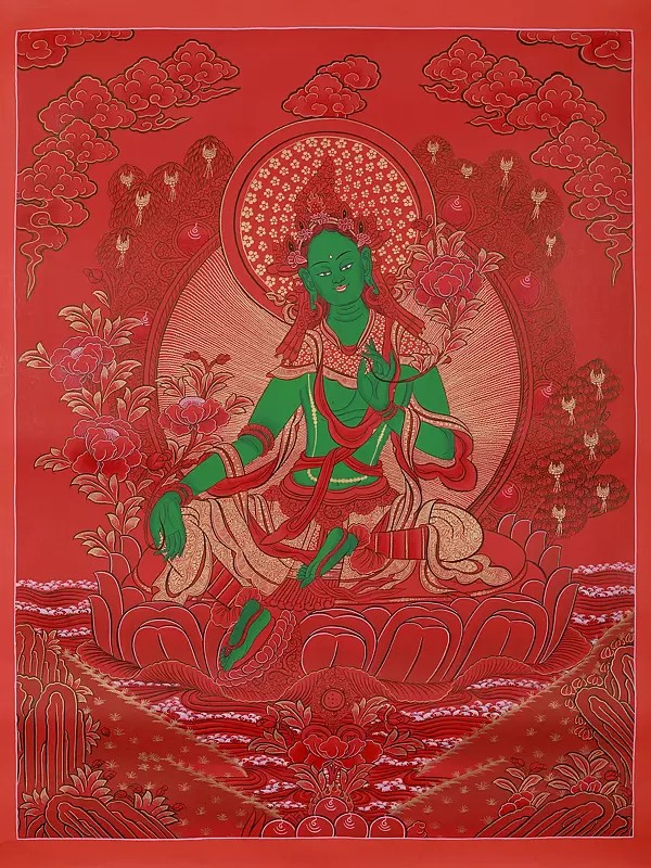 Goddess Green Tara With Flower | Tibetan Thangka Painting