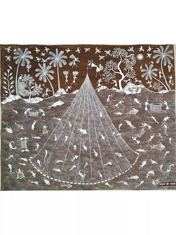 Fishing Net And Fisherman Warli Painting | Natural Color On Cotton Cloth | By Sanjay Balakrishna Prasad