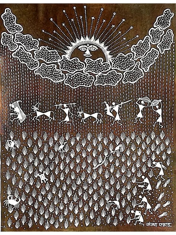 Rice Farming And Farmers Warli Painting | Natural Color On Cotton Cloth | By Sanjay Balakrishna Parhad