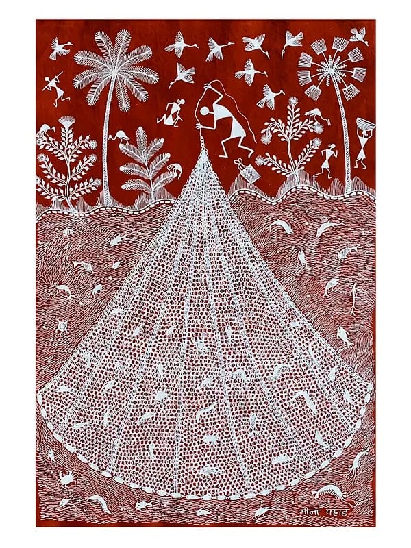 Fishing Net Warli Painting | Natural Color On Cotton Cloth | By Sanjay Balakrishna Parhad