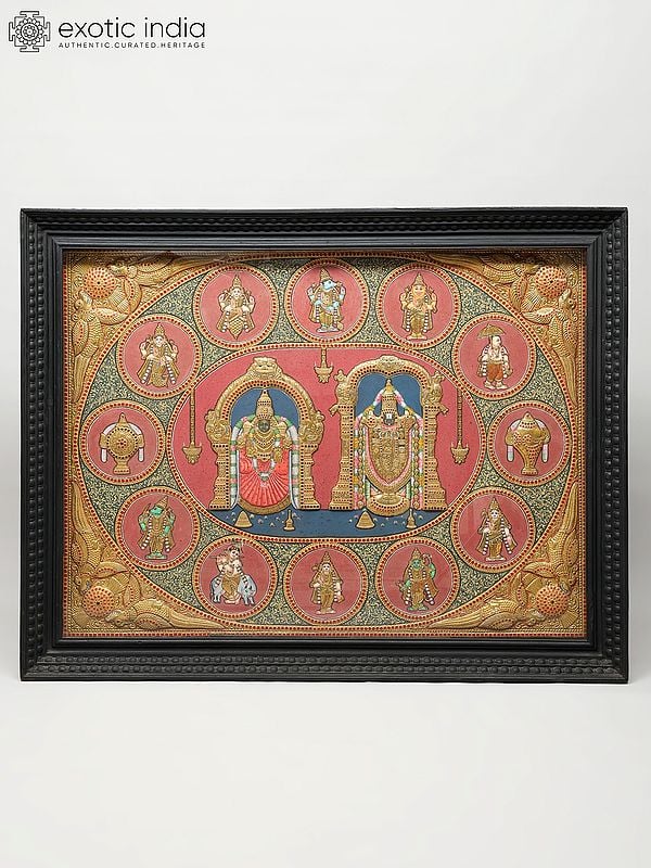 Tirupati Balaji (Venkateshvara) with Goddess Padmavathi and Dashavatara of Lord Vishnu | 24 Karat Gold | Framed Tanjore Painting