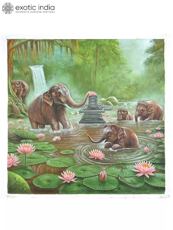 Elephants Worshipping Shivalinga | Oil on Canvas