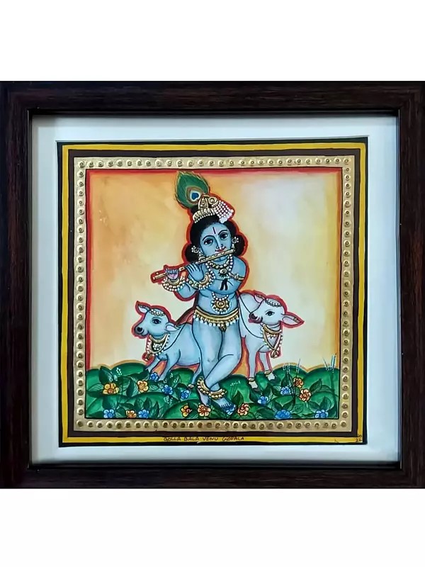 Fluting Bal Gopal Krishna with Cows | Mysore Traditional Painting | With Frame