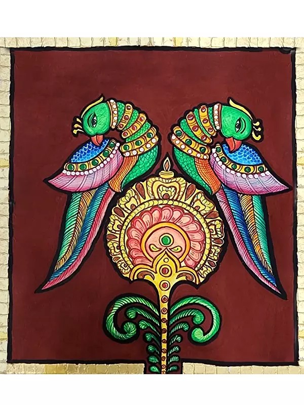 Twin Parrots | Mysore Traditional Painting | With Frame