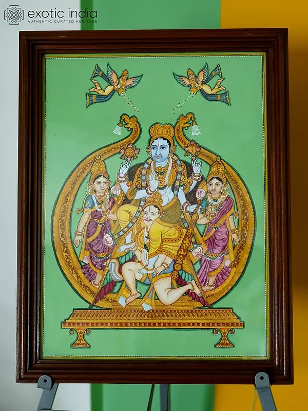 Melkote Cheluvanarayana Swamy (Lord Vishnu on Garuda with Rukmini and Satyabhama) | Mysore Traditional Painting | With Frame