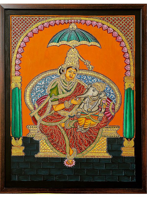 Gauri Ganesha (Goddess Parvati with Baby Ganesha) | Mysore Traditional Painting | With Frame