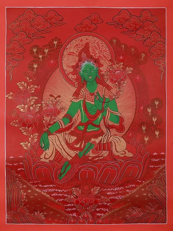 Goddess Green Tara With Beautiful Crown On Head | Tibetan Thangka Painting