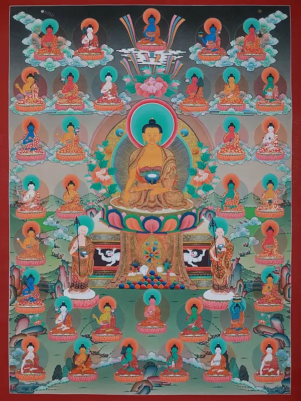 Lord Buddha Seated on Throne | Tibetan Thangka Painting