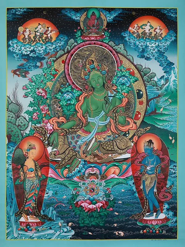 The Divine View Of Goddess Green Tara | Tibetan Thangka Painting