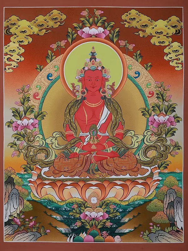 Aparmita Buddha On Lotus | Brocadeless Thangka Painting