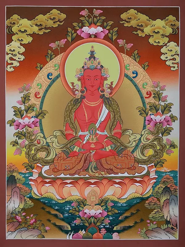 Amitayus Buddha Seated On Lotus | Brocadeless Thangka Painting
