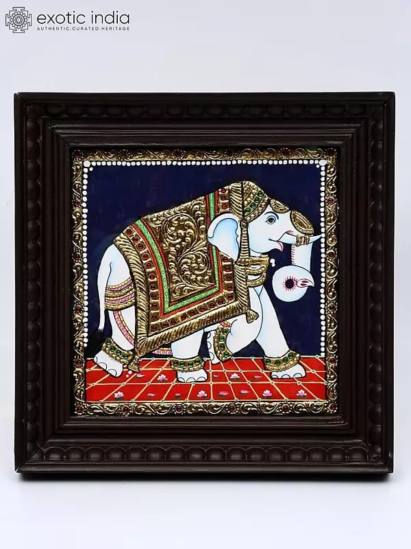 Royal Elephant | 24 Karat Gold Work | Framed Tanjore Painting