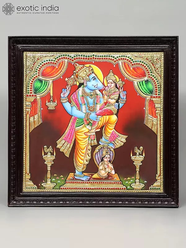 Superfine Lord Varaha with Goddess Lakshmi | 24 Karat Gold Work | Framed Tanjore Painting