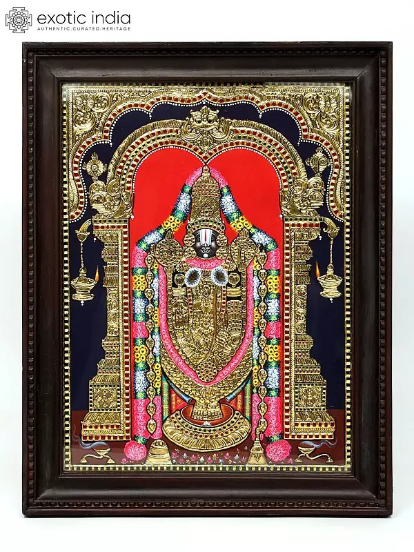 Lord Venkateshvara as Balaji Tanjore Painting | Traditional Colors With 24K Gold | Framed Tanjore Painting
