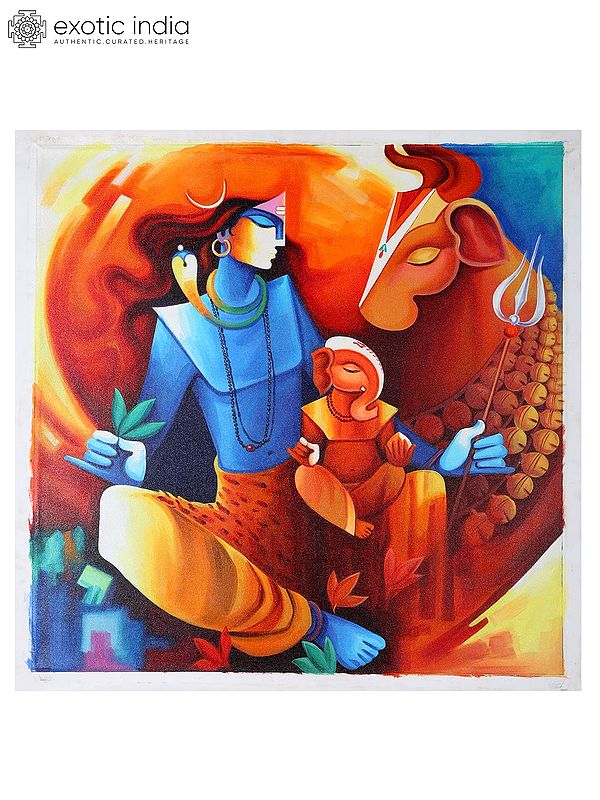Lord Shiva with Baby Ganesha and Nandi | Oil Painting