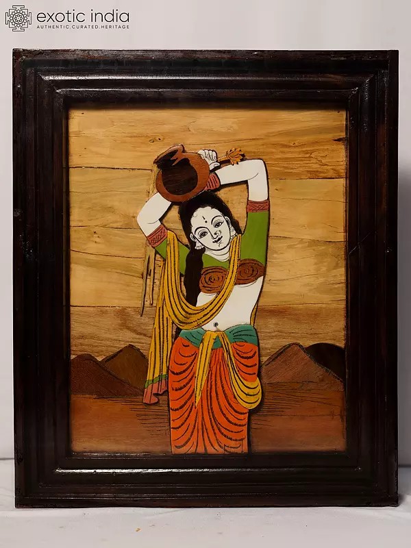 18" Standing Lady With Water Pot | Rosewood Panel With Inlay Work