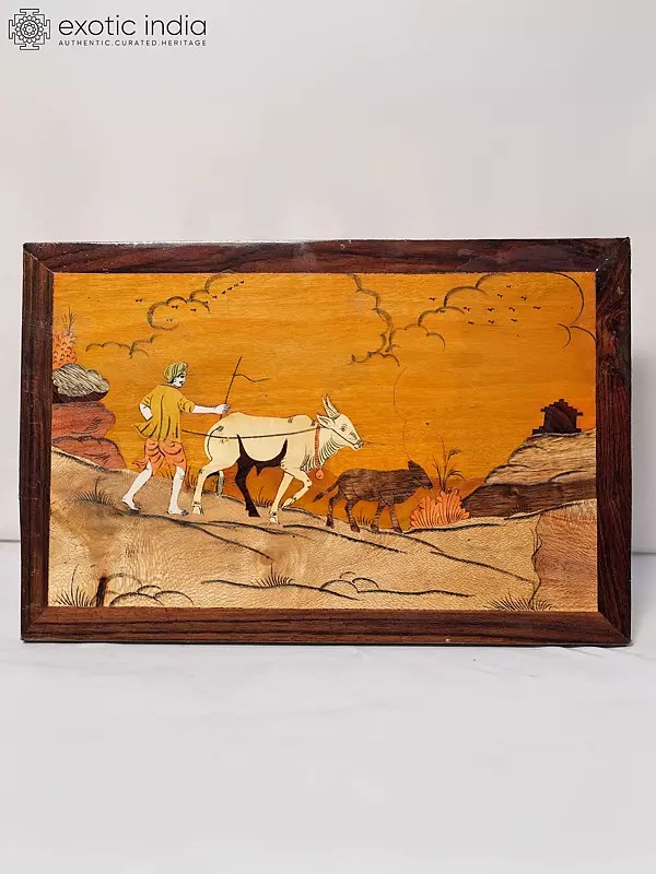 18" Farmer With Cow | Rosewood Panel With Inlay Work