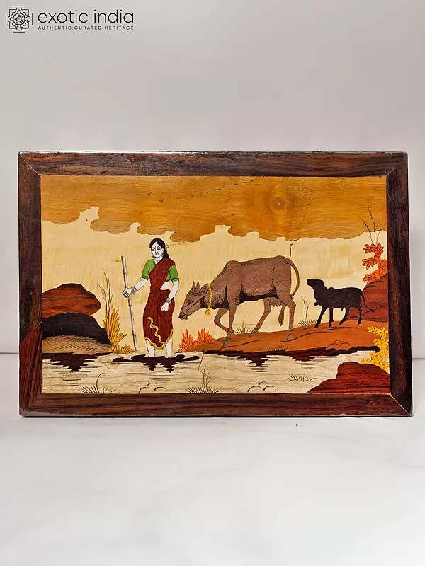 18" Lady Shepherd In The Village | Rosewood Panel With Inlay Work