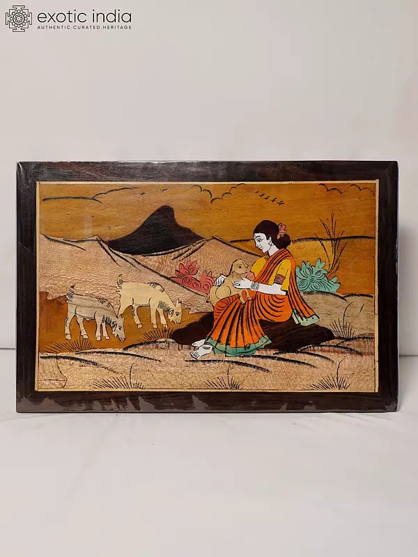 18" Seated Lady With Goats | Rosewood Panel With Inlay Work