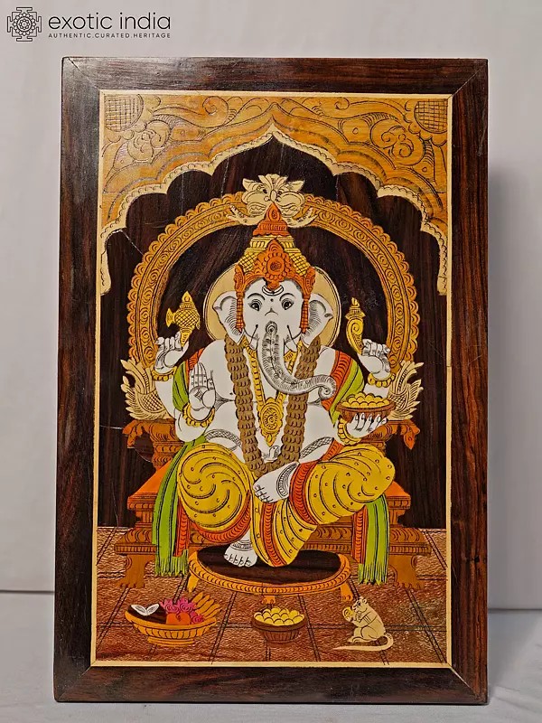18" Chaturbhuja Lord Ganapati | Rosewood Panel With Inlay Work