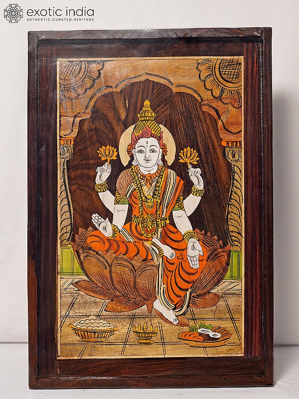 19" Goddess Lakshmi Seated On Lotus | Rosewood Panel With Inlay Work