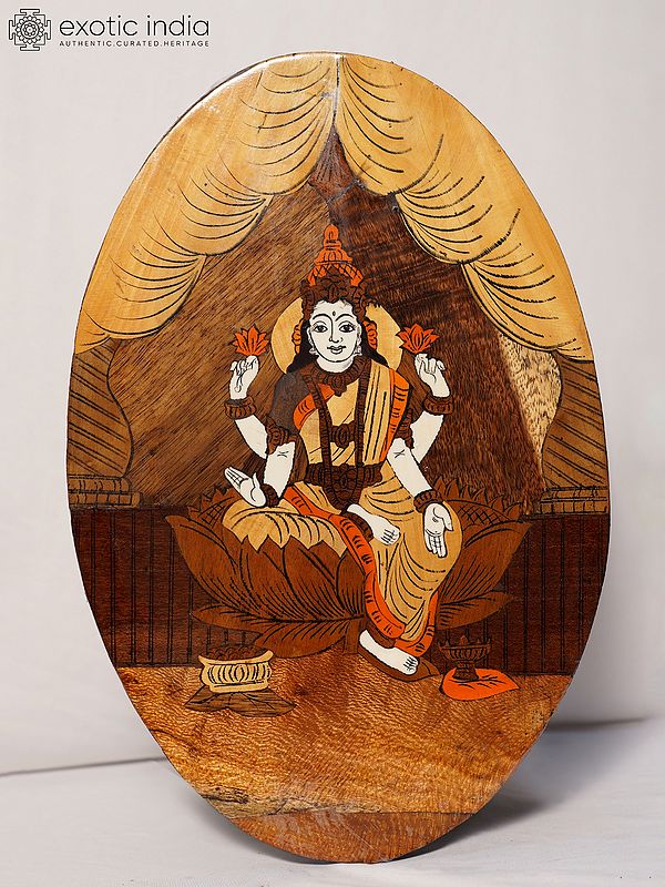 18" Goddess Lakshmi Seated In Blessing Posture | Rosewood Panel With Inlay Work
